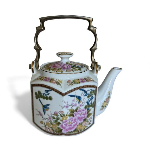 Vtg Homco Japanese Porcelain Tea Pot Hexagonal Kutani Bird Brass Handle 6" Asian - Picture 16 of 16